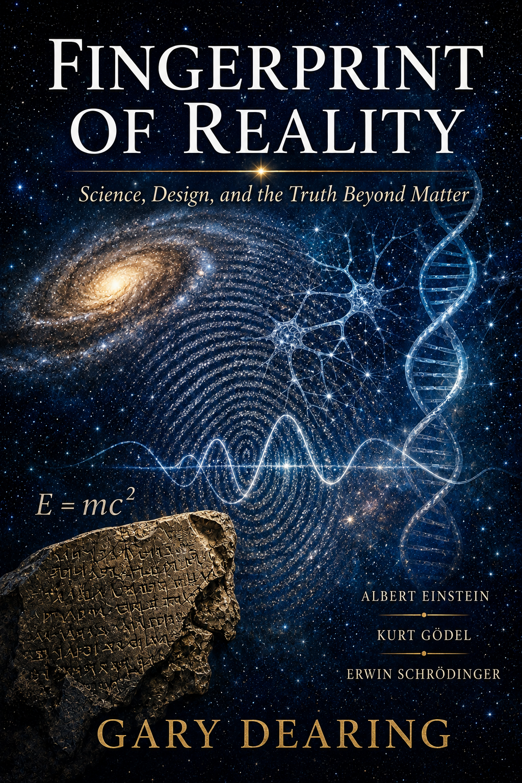 Fingerprint of Reality cover: a cosmic fingerprint, galaxy, and DNA helix